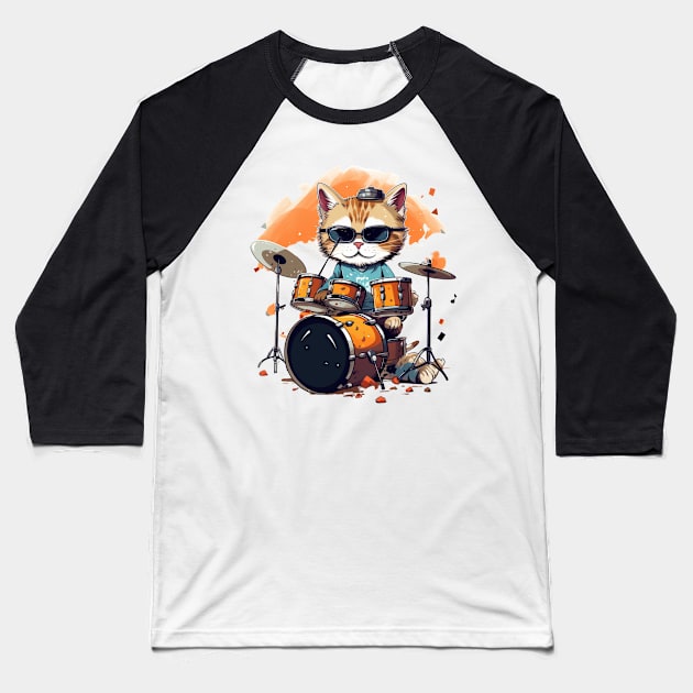 Cool Cat play on Drums Baseball T-Shirt by NatashaCuteShop